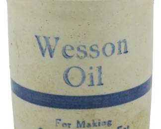 637 - Vintage Wesson Oil Crock 5.5"x5" (Description): Vintage Wesson Oil stoneware crock featuring  the brand name and slogan "For Making Good  Things to Eat" in blue lettering with a blue  band accent. Measures 5.5 inches by 5 inches.