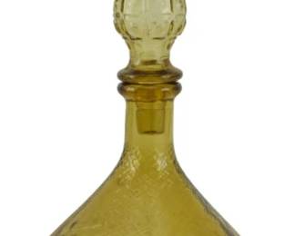 865 - Vintage Empoli Amber Genie Bottle 14" (Description): Vintage Empoli amber glass genie bottle  featuring a distinctive diamond quilted  pattern throughout the bulbous body and  elongated stopper. The tall, tapered stopper  displays a textured hobnail design that complements the optic pattern of the base.  This Italian art glass piece showcases the  characteristic golden amber coloring Empoli  glassworks is known for. Measures 14 inches  tall.
