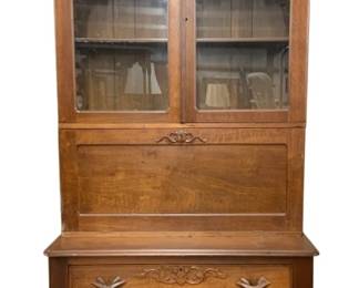 6259 - Walnut 2pc Secretary w/ Drop Front Desk (Description): 94 x 44 x 20, carved bookcase top on wheels  w/ key