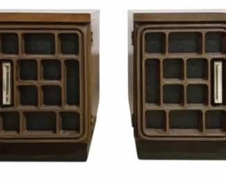 7606 - Pair Lane Brutalist Mid-Century Nightstands (Description): Featuring distinctive geometric lattice door  fronts with dark backing. Each cabinet has  double doors with chrome bar handles and  rests on a dark plinth base. Lane mark  underneath with Style #1347-92. The warm wood tone inlaid tops contrast with the darker  framework. Measurements: 22" x 28" x 25".