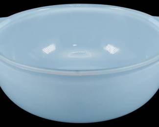 1206 - Pyrex Blue Sprayware Bowl w/ Original Tag (Description): Pyrex blue sprayware bowl with original tag.  This charming piece features a soft blue  color with tab handles on either side.  Measures 2 1/2 inches tall by 7 inches wide  by 6 inches deep.