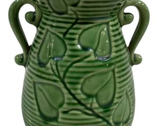 1355 - Mid Century Shawnee Pottery Vase (Description): Green Leaves, Ribbed Base - 6" Tall