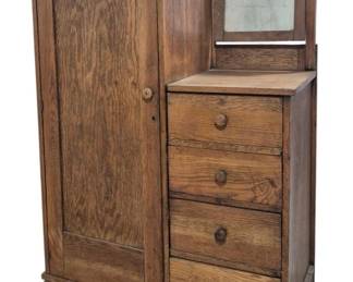1423 - Oak Chifferobe 1 Door 4 Drawer w/ Tilt Mirror (Description): Antique oak chifferobe featuring a single  wardrobe door on the left side and four  drawers on the right. The piece is topped  with a tilting vanity mirror mounted above  the drawer section. The chifferobe displays attractive oak grain throughout, with wooden  knob hardware on the door and drawers. The  cabinet rests on shaped bracket feet and  exhibits a warm, aged patina consistent with  early 20th century craftsmanship. Measures 61