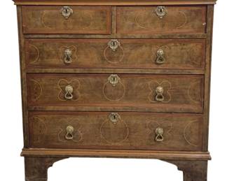 1415 - Vintage Inlaid Chest of Drawers w/ Marble Top (Description): Antique inlaid chest of drawers featuring a  marble top. The piece displays walnut veneer  with decorative line inlay forming trefoil  and circular patterns on each drawer front.  The chest is configured with two short drawers over three long drawers, fitted with  ornate brass drop pulls and escutcheons.  Raised on bracket feet. The marble top shows  chips and cracks. Measures 37" x 38" x 26".