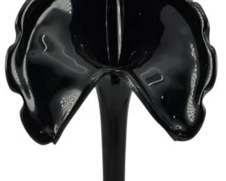1058 - Black Amethyst Jack in the Pulpit Glass Vase (Description): Vintage black amethyst Jack in the Pulpit  glass vase featuring an elegant ruffled  flared top with a dramatic curved central  spire. The vase rises from a graceful bulbous  base with a ribbed or melon design. The deep black amethyst glass displays a lustrous  glossy finish throughout. Measures 15 inches  tall.