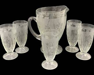 5824 - 6 Pc Set Jeannette "Iris and Herringbone" (Description): Pitcher - 9 inches tall Glasses - 6 inches tall