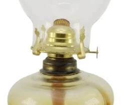 758 - Vintage Oil Lamp 18" (Description): The lamp is fitted with a brass burner  assembly and topped with a clear glass  chimney. Measures 18 inches tall.