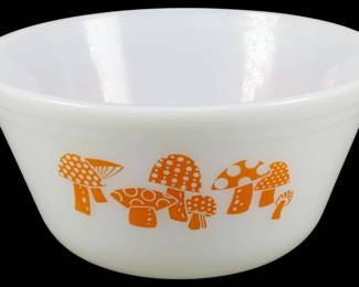 1181 - Vtg Federal Orange Mushroom Bowl 3.5"x7" (Description): Vintage Federal milk glass mixing bowl  featuring a charming orange mushroom pattern.  The playful 1970s-era design showcases  various whimsical mushrooms with polka dots  and decorative patterns around the exterior. Measures 3.5 inches tall by 7 inchesin  diameter.