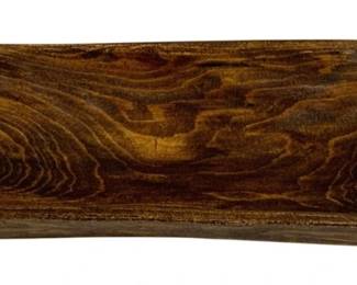 1526 - Wood Dough Tray 26"x7.5" (Description): Rustic wood dough tray with rich brown tones  and beautiful natural grain patterns  throughout. The elongated rectangular form  features gently curved edges and a shallow,  hand-carved bowl. Measures 26 inches by 7.5 inches.