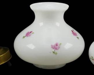 656 - Assorted Milk Glass Lamp Parts (Description): Assorted milk glass lamp parts. The  collection includes various glass components  suitable for lamp assembly or restoration.  Used as is electric/electronic/mechanical  item. No guarantee all components present, untested.