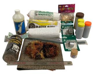 1055 - Model Railroad Scenery & Craft Supplies Lot (Description): Assorted model railroad scenery and craft  supplies lot including Woodland Scenics  plaster cloth, plaster wrap, Realistic Water,  saturated asphalt coated glass fabric for  repair, Thermal flasher units, craft materials with wooden sticks, assorted scenic  foliage materials, containers of scenic  powders and texturing materials, a 1/87 scale  rule by C.T.T. Inc., and decorative  cobblestone patterned paper. Ideal for model