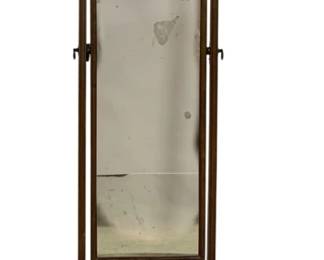 7744 - Antique Burl Wood Cheval Mirror w/ Drawer (Description): Antique cheval mirror with burl wood base  featuring a single drawer with brass drop  handles. The full-length mirror has a shaped  arched top and is mounted on turned posts  allowing it to tilt. The serpentine-front drawer base rests on cabriole legs with pad  feet. The mirror glass shows age-appropriate  foxing and patina. Measures 64 inches tall by  19 inches wide by 17 inches deep.