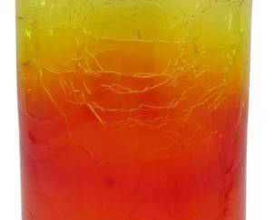 866 - Vtg Blenko Glass Amberina Cylindrical Vase (Description): Vintage Blenko glass amberina cylindrical  vase with glass insert. This striking piece  features a beautiful gradient color  transition from deep red-orange at the base  through warm orange tones to golden yellow at the top. The glass displays a distinctive  crackle texture throughout, characteristic of  Blenko's artisan craftsmanship. Measures 11  inches tall.