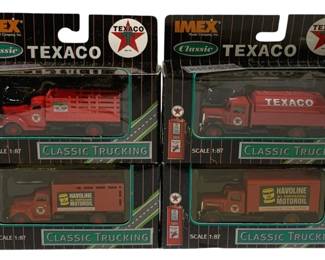 1026 - 4pc Lot IMEX Texaco 1/87 Scale Trucks (Description): A four-piece lot of IMEX Texaco 1/87 scale  trucks. The collection includes Classic  Trucking series vehicles in original  packaging, featuring Texaco and Havoline  Motor Oil branded trucks.
