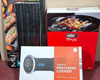 (3pc) ANOVA PRECISION COOKER, WEBER STYLE KABOB SET, AND MIU BARBEQUE GRILL MATS