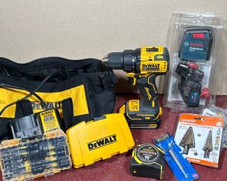 DEWALT 20V MAX BRUSHLESS DRILL, BOSCH CROSS-LINE LASER, AND ASSORTED TOOLS