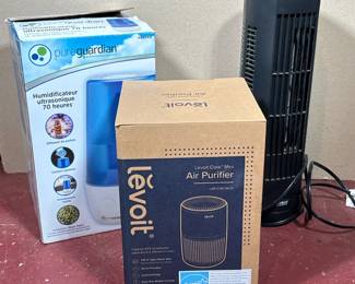 (3pc) LEVOIT AIR PURIFIER, PUREGUARDIAN HUMIDIFIER, AND SEVILLE CLASSICS TOWER FAN