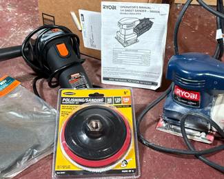 RYOBI AND WARRIOR SANDER AND ANGLE GRINDER GROUP WITH ACCESSORIES