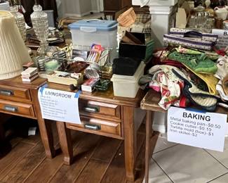 Kitchen linens, ashtrays and coasters, lamps, butter churn