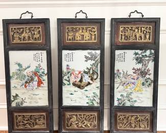 Antique Chinese Painted Tiles in wood frames