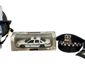 Collection Chicago Police and Firefighter Uniform Helmets, Hats 