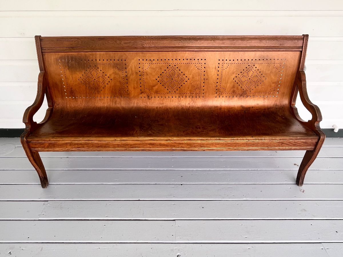 FABULOUS ANTIQUE PIERCED-BACK WAITING ROOM BENCH!
