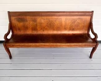 FABULOUS ANTIQUE PIERCED-BACK WAITING ROOM BENCH!