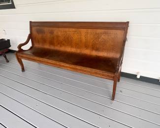 WONDERFUL ANTIQUE PIERCED-BACK WAITING ROOM BENCH