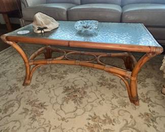 VINTAGE RATTAN COFFEE TABLE w/ TEXTURED GLASS TOP