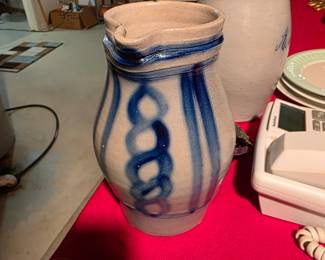 Vintage Salt Glazed Pitcher Jug Carafe Gray And Cobalt Blue
