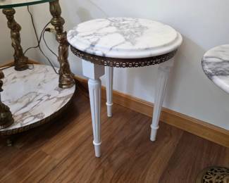 French Louis XVI style accent table white marble top and distressed beige legs.