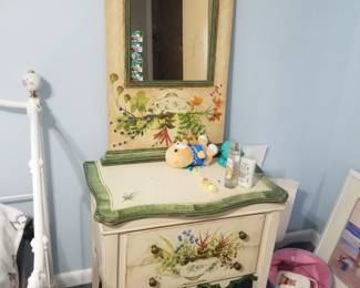Handpainted two drawer stand; matching mirror