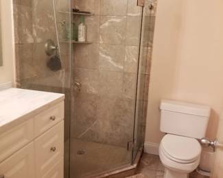 Glass shower surround; commode