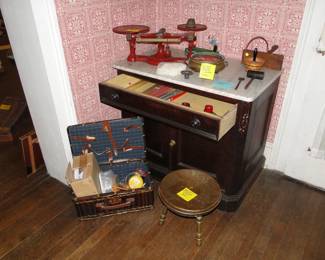 Eastlake furniture and Fairbanks scale, brass 3 legged stool, picnic basket
