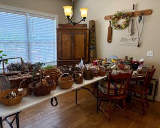 Baskets, antique cabinet