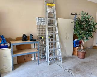 Ladders, shelving, cabinet
