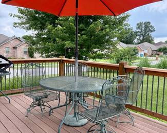Patio table, chairs, umbrella