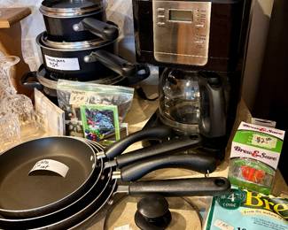 Coffee pot, pots and pans