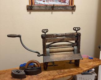 Antique ironing board, antique wringer