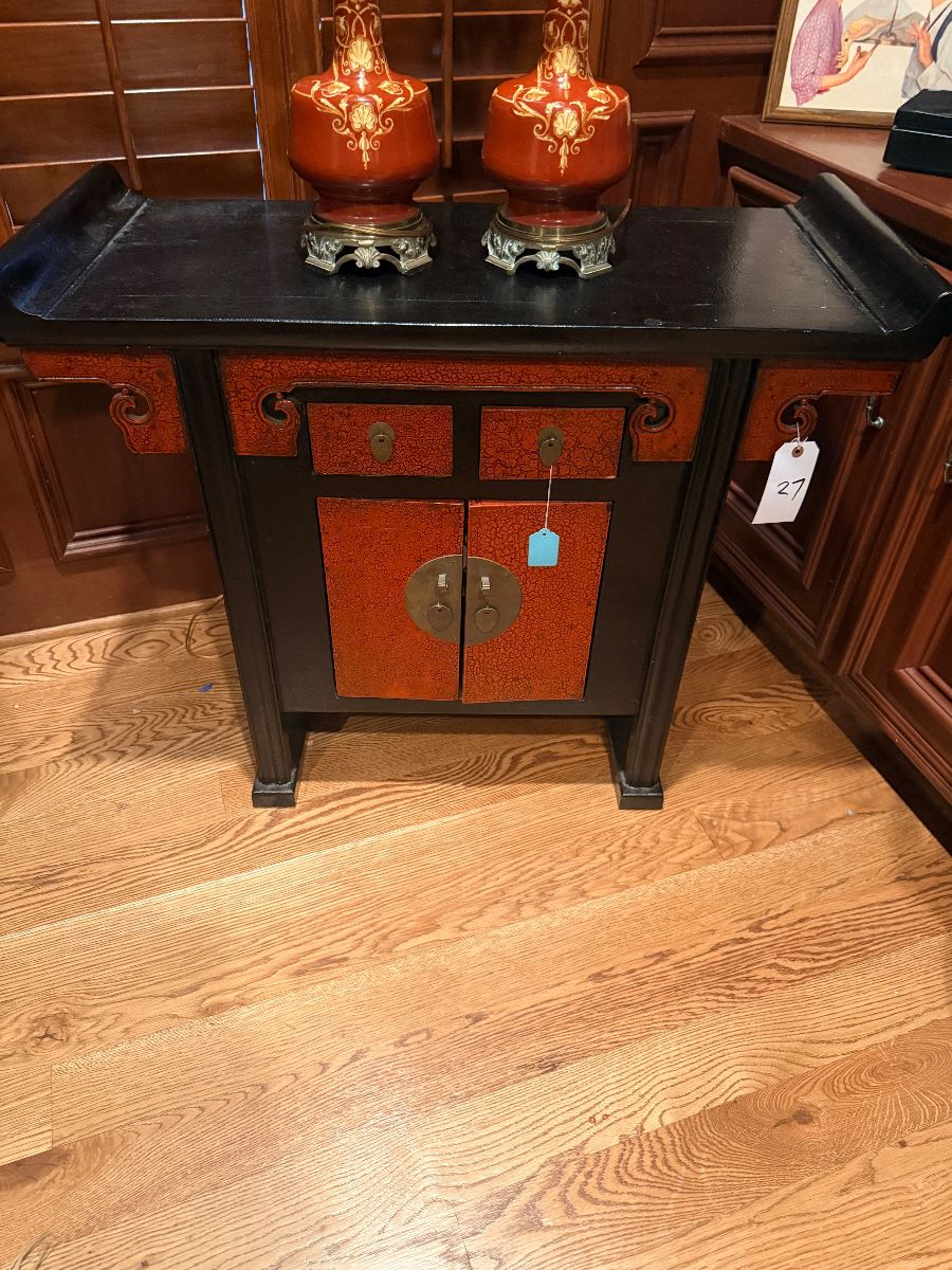 Rustish, red and black small Asian inspired vintage cabinet