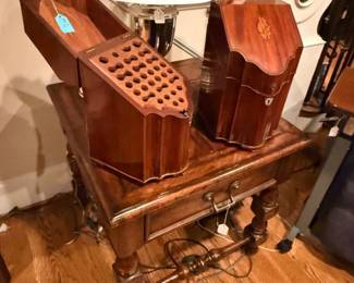 Two antique silverware holders and they are inlaid