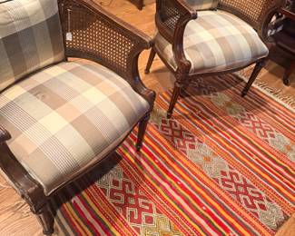 vintage Came back chairs and a beautiful woven rug or blanket