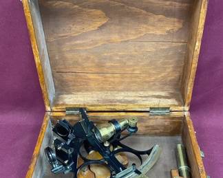 Antique Brass Sextant In Wooden Box