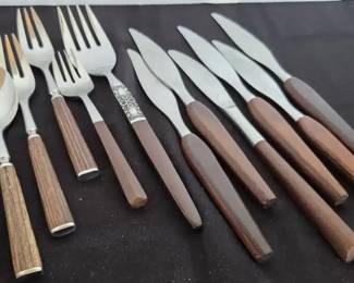 Vintage MCM Pieces  Misc Teak wood flatware, Ceramic Modernist Fish, Silverplate  Enamel Dishes