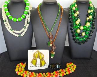 MCM Mid Century Green Plastic Jewelry Lot  Andrea Cohen Lg Ceramic Earrings