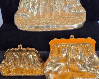 Three Vintage Whiting Davis Gold Mesh Evening Bags w cloth tags