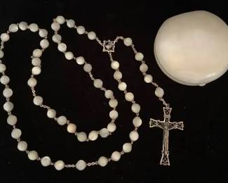 Precious Sterling Silver  MotherofPearl Rosary  Vatican Box w Large Intricate Crucifix