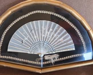 Antique Framed Hand Embroidered and Bone or Celluloid Fan