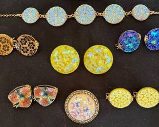 Vtg Hillcraft Castlecract Iridescent Glass Jewelry  Earrings, Necklace, Bracelet