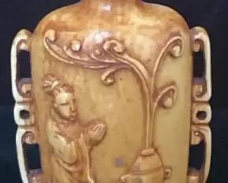 Antique Carved Bone Snuff Bottle With Wooden Scoop